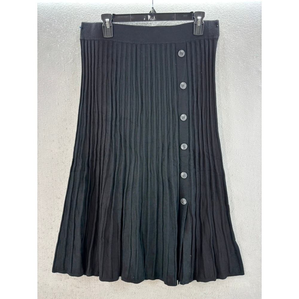 NWT Saks Fifth Avenue Skirt Sz XL Pleated Midi Black Button Front Ribbed Knit